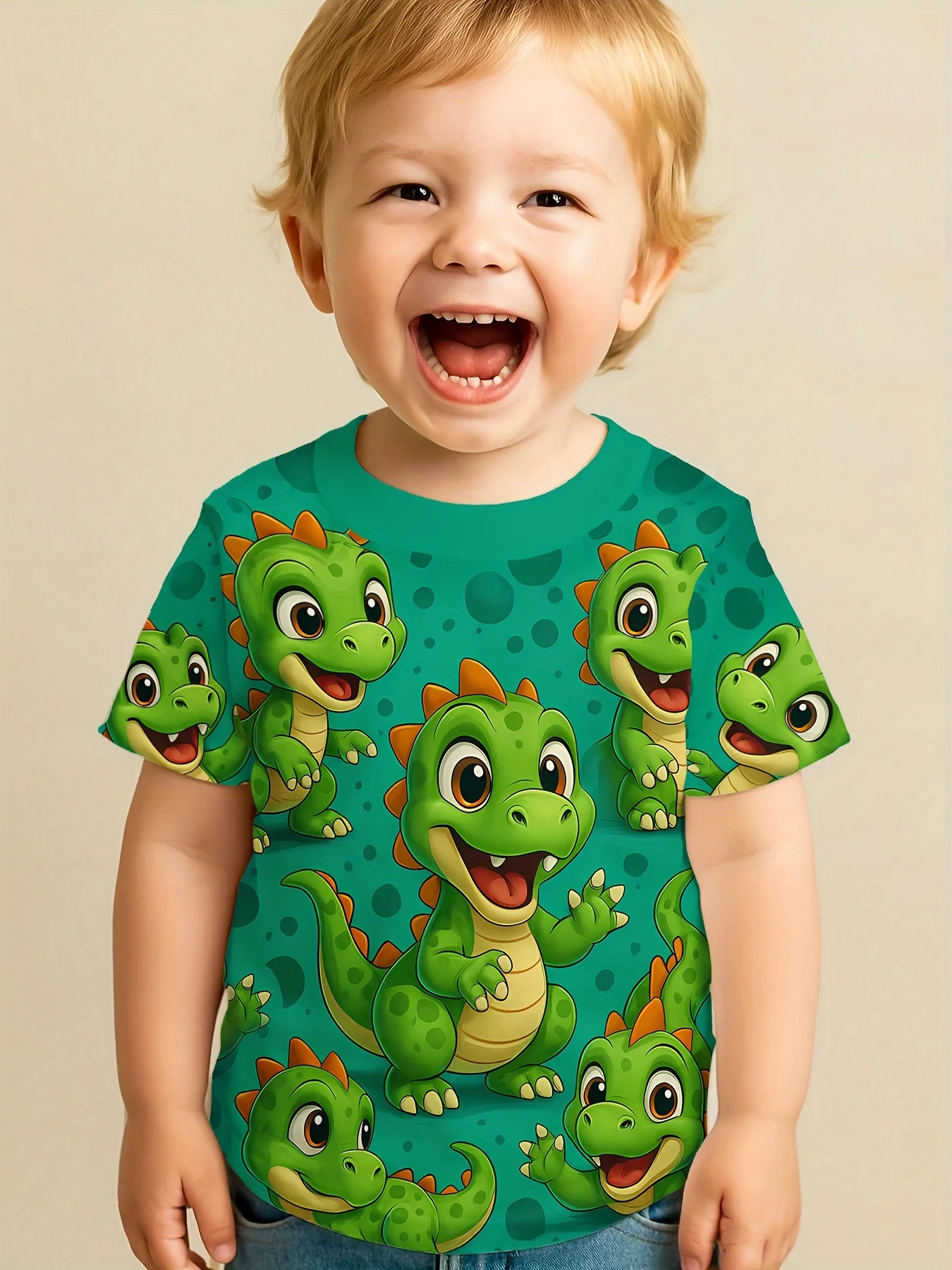 Children Fashion Green Dinosaur Print T‑Shirt, Boys Lovely Multi‑Cartoon Dino Polka‑Dot Art Short Sleeve Crew Neck Casual Tee