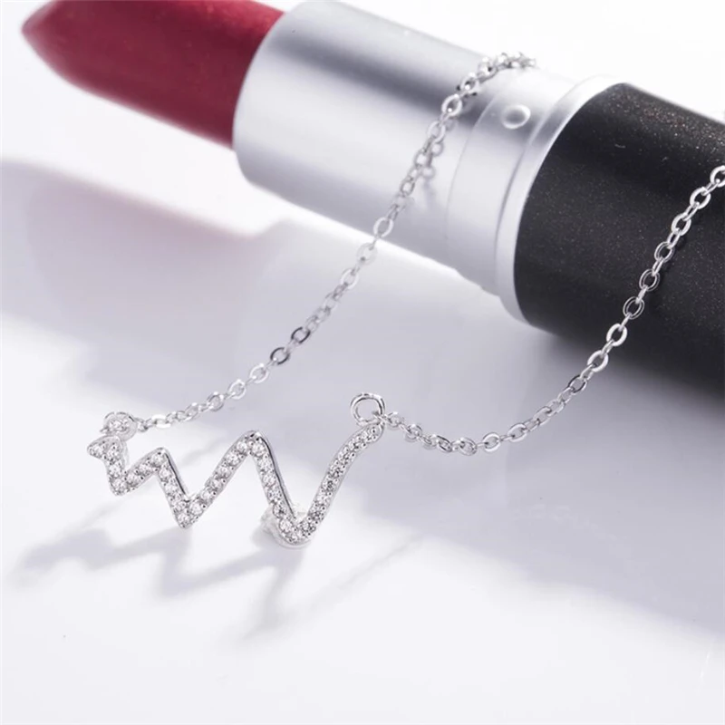 Rhinestone Cardiogram Wave Romantic 925 Sterling Silver Clavicle Chain Female Necklace NE517