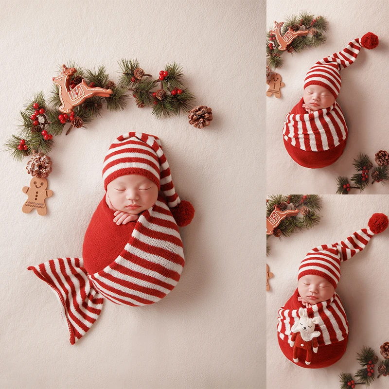 

Christmas Theme Newborn Photography Outfits Striped Christmas Hat& Swaddling Blankets Pine Cones Gingerbread Men PhotographyProp