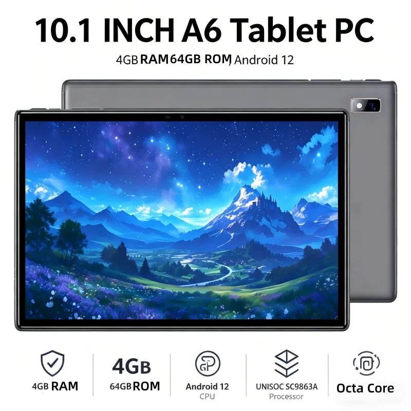 10.1 INCH T10 4GB RAM 64GB ROM Android 12 Tablet PC A6 CPU UNISOC SC9863A Processor, Type-C WIFI Octa-Core Cortex-A53