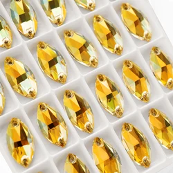 QIAO Metal Sunlight Navette Flat Back Sew On Crystal Stones Sewing Glass Strass DIY Loose Rhinestone For Dress