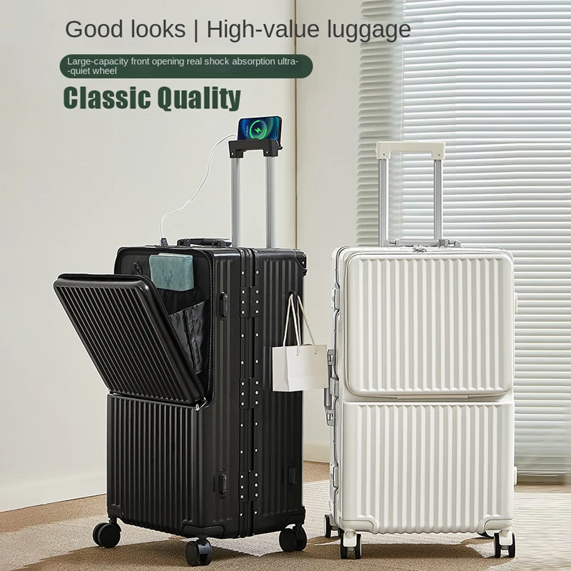 

Front-Opening Luggage Multi-Functional Aluminum Frame Suitcase 20/24/26/28/30inch Large Capacity with Cup Holder Travel Suitcase