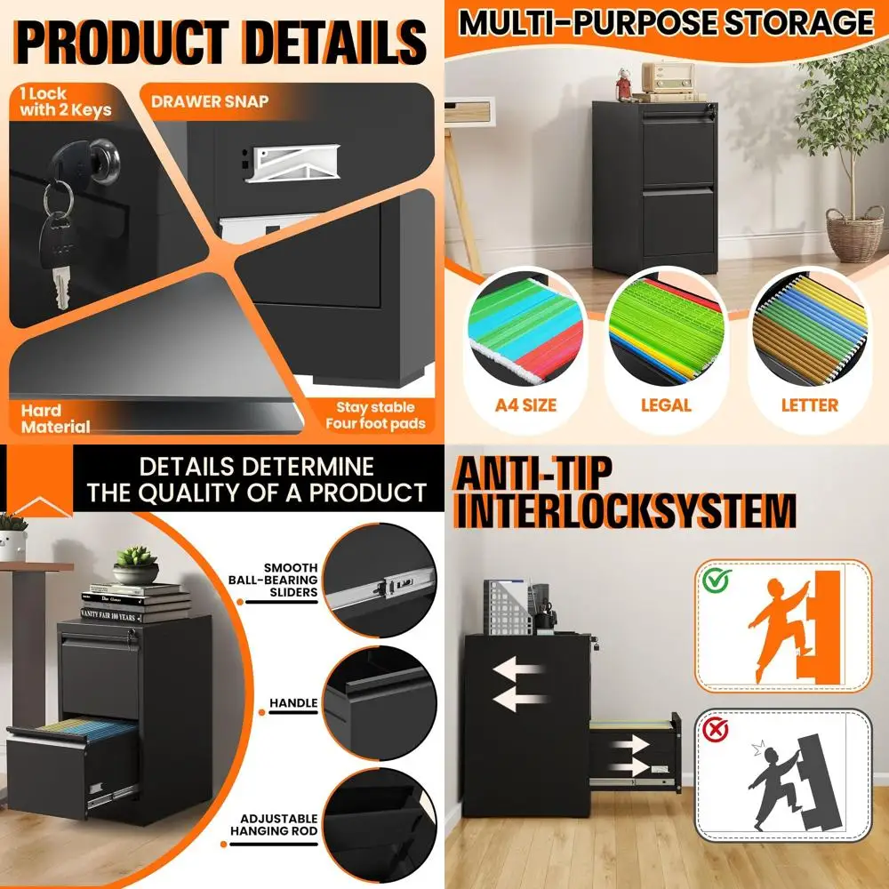 

Secure Metal 2-Drawer File Cabinet for Home/Office - Letter/Legal/A4/F4 Vertical Storage, Easy Assembly, Black (28 H)