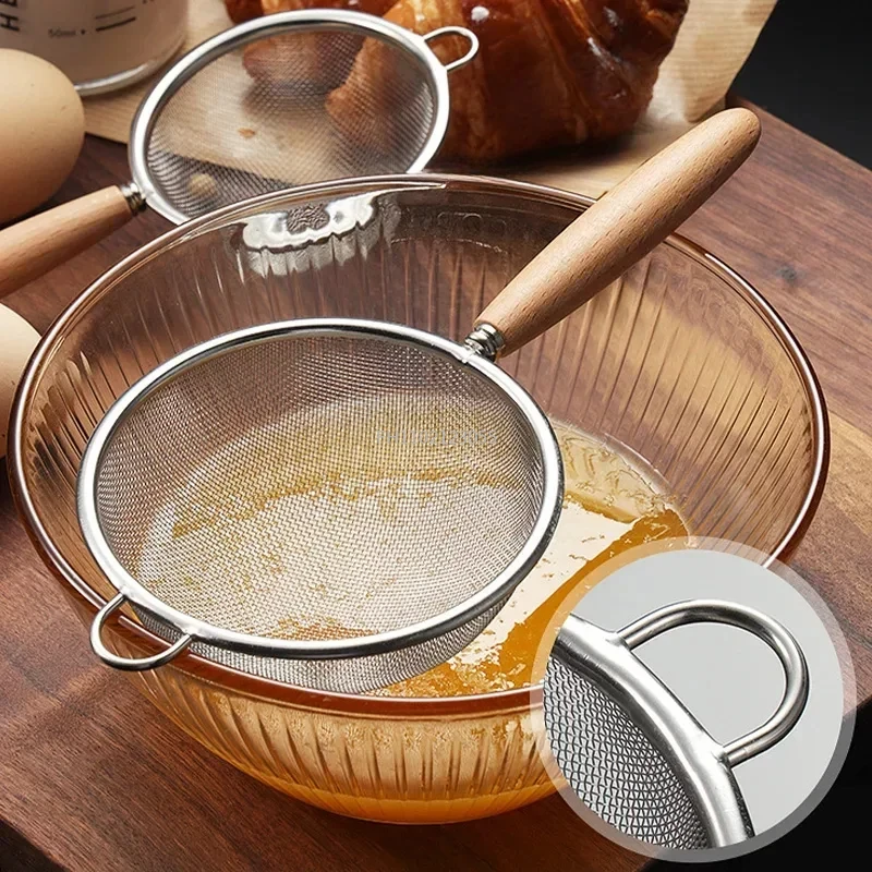 Wooden Handle Stainless Steel Small Colander Fine Mesh Oil Strainer Multi-function Filter Mesh Flour Sifter Kitchen Baking Tools