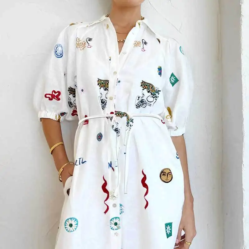 New fashion popular clothing summer women\'s new printing lapel long waist tie shirt dress women