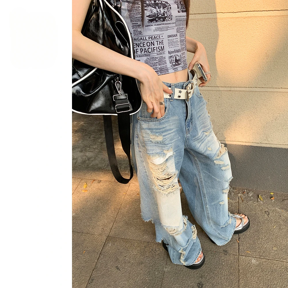 

American Style Retro High Street Distressed Jeans, Women's Seasonal New Ins Loose Wide Leg Floor Mop Pants Baggy Jeans