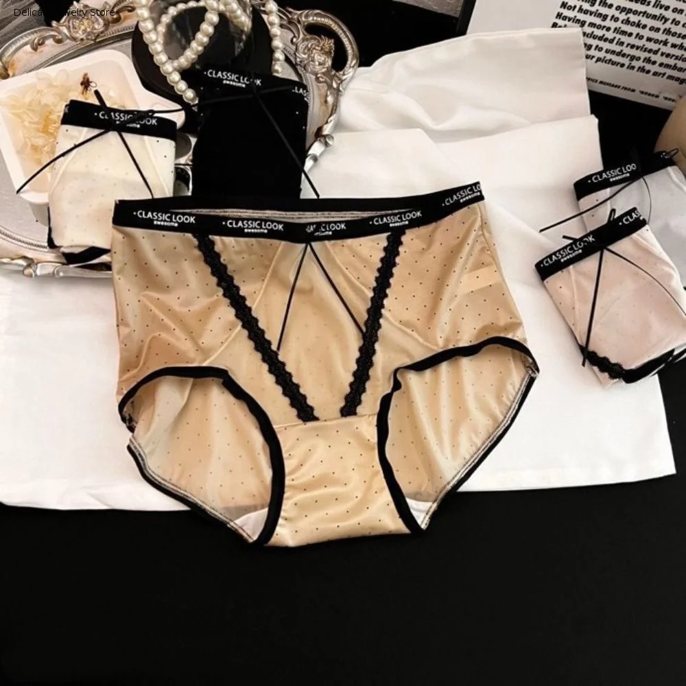 Light Thin Mesh Women's Underwear Bow Hollowed-out Wave Point Underpants Satin Seamless Briefs Women