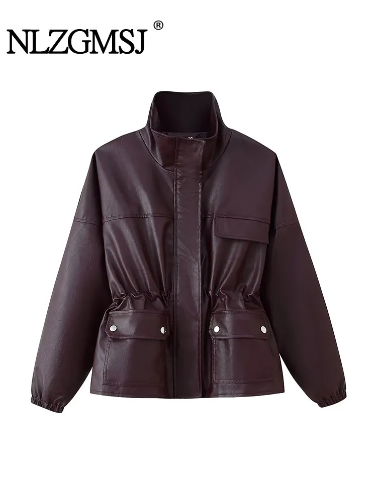 

NLZGMSJ 2025 Autumn Thick Women Faux Leather Jacket Elastic Waist Zipper PU Coat Motorcycle Jackets Y2K