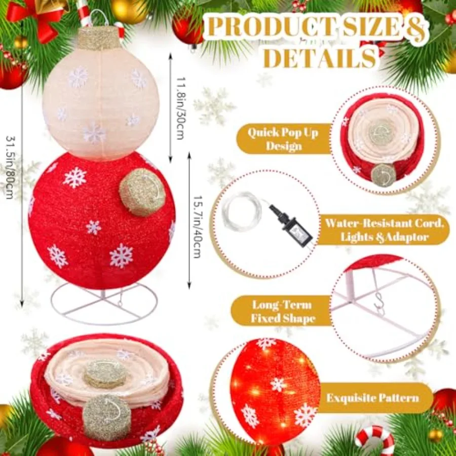 2 مجموعة كبيرة مضاءة المنبثقة تكويم زخرفة في الهواء الطلق عيد الميلاد الكرة زخرفة للزينة للطي ثلاثية الأبعاد قبل مضاءة ديسمبر