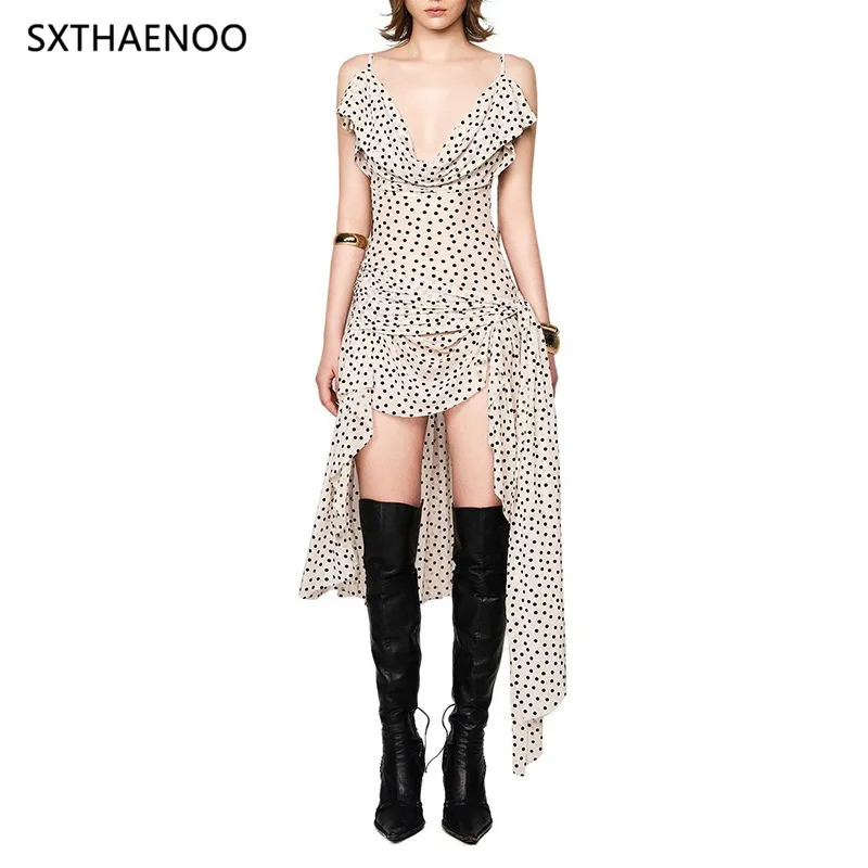 

SXTHAENOO Women Retro Polka Dot Print Flocking Mesh Elastic Swing Collar Ribbon Irregular Slit Suspender Dress Party Vestidos