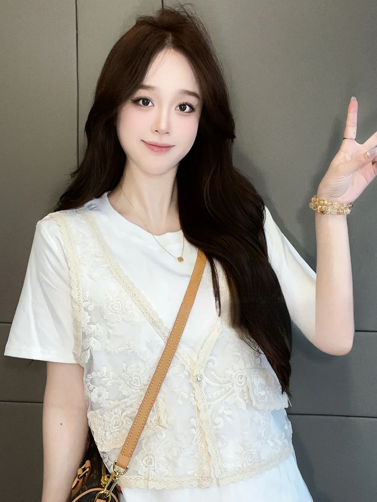 Dentelle épissure pur coton ort Sve T-shirt femmes faux deux pièces été nouveau Sle trajet coréen coupe ample rond Ne haut