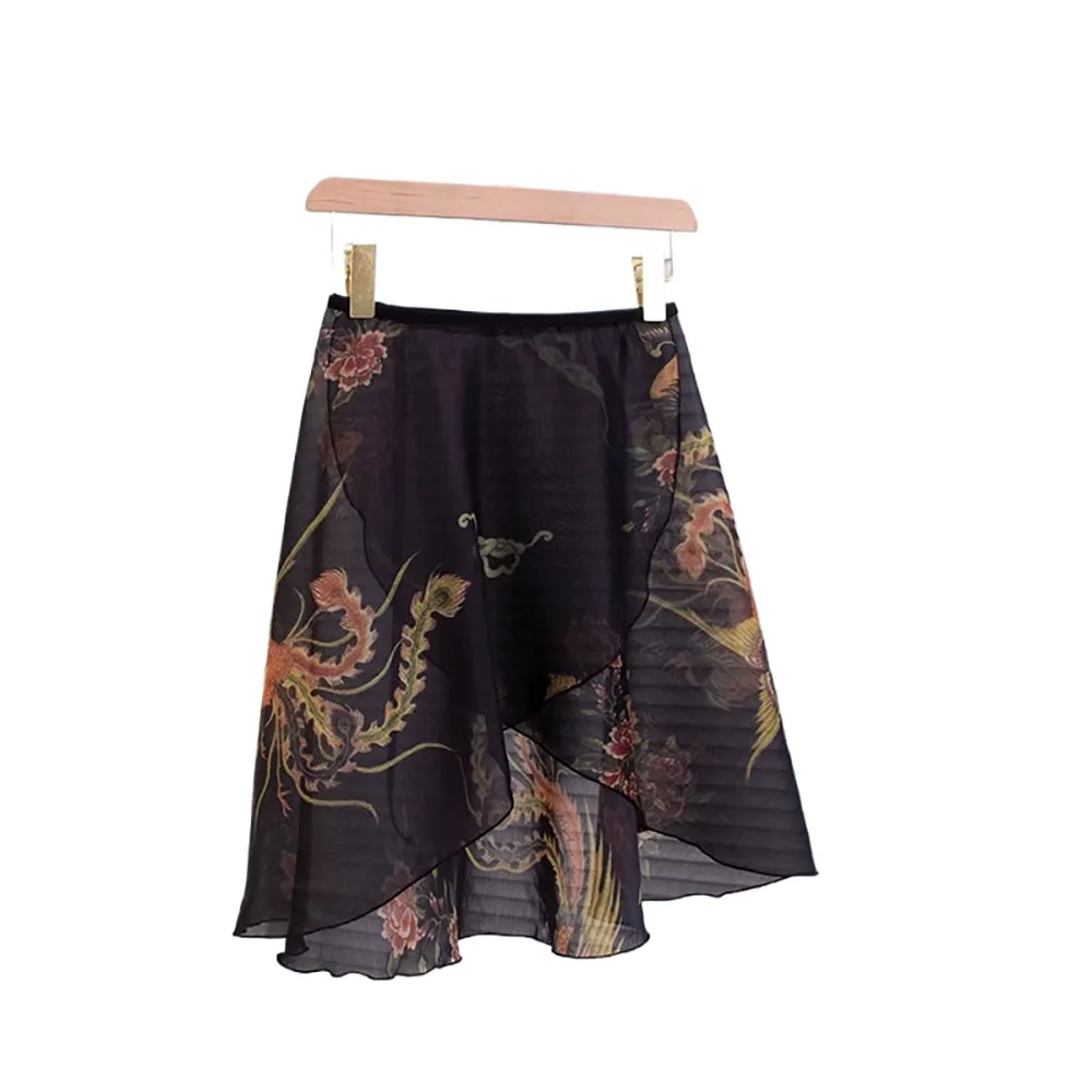 Ballet Skirt, Adult One-piece Half Length Gauze Skirt, Performance Dance Skirt, Chinese Style Printed Floral Long Skirt