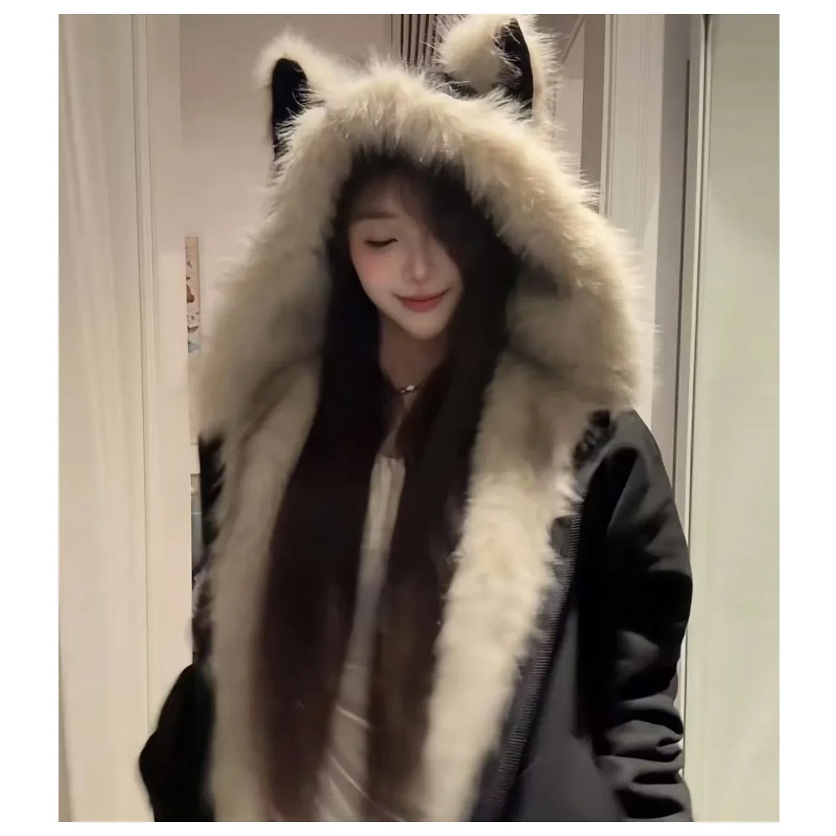 Amerykańska kurtka damska w stylu górskim z kapturem w kształcie kocich uszu (chleb w kształcie uszu kota na parze), ocieplana watą, z kołnierzem z futra, nowość.