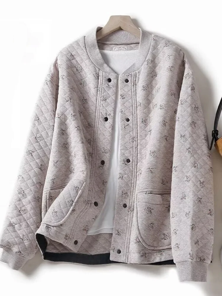 Women's Spring Autumn Cotton Sweatshirt Jacket Baseball Style Outerwear Floral Embellished Diamond Pattern Button up Coat
