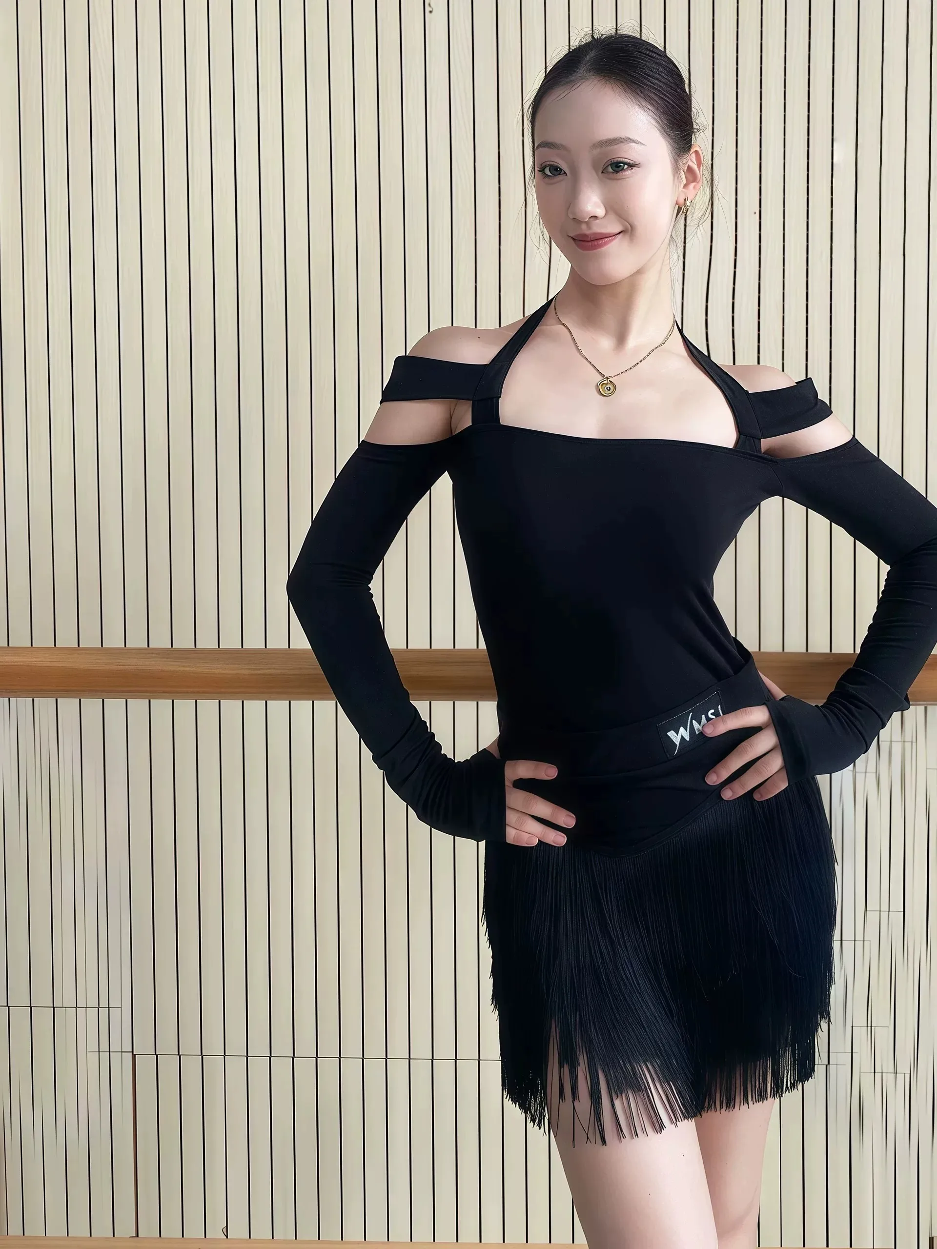 adult-women's-latin-dance-outfit-one-shoulder-performance-practice-short-skirt-long-sleeve-ruffle-design-for-all-seasons