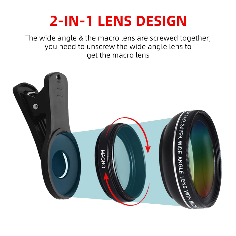 2 in 1 HD Phone Lens 0.45X Super Wide Angle &12.5X Macro Mobile Lens for iPhone 11 for Xiaomi for Samsung for Huawei