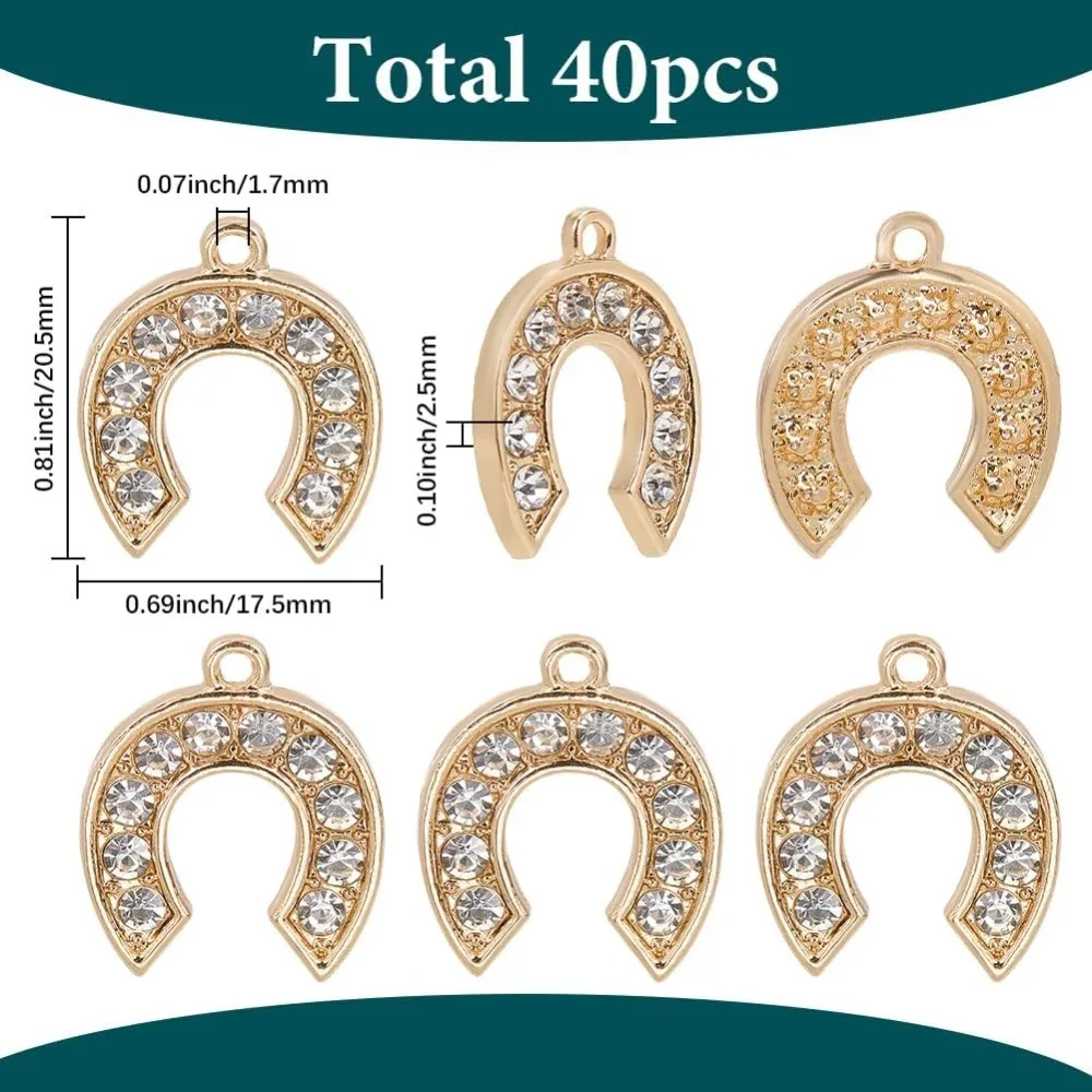 40Pcs Rhinestone Horseshoe Charms Bulk Gold Horse Shoe Charms Alloy Horses Hip hop Western Cowboy Luck Pendants
