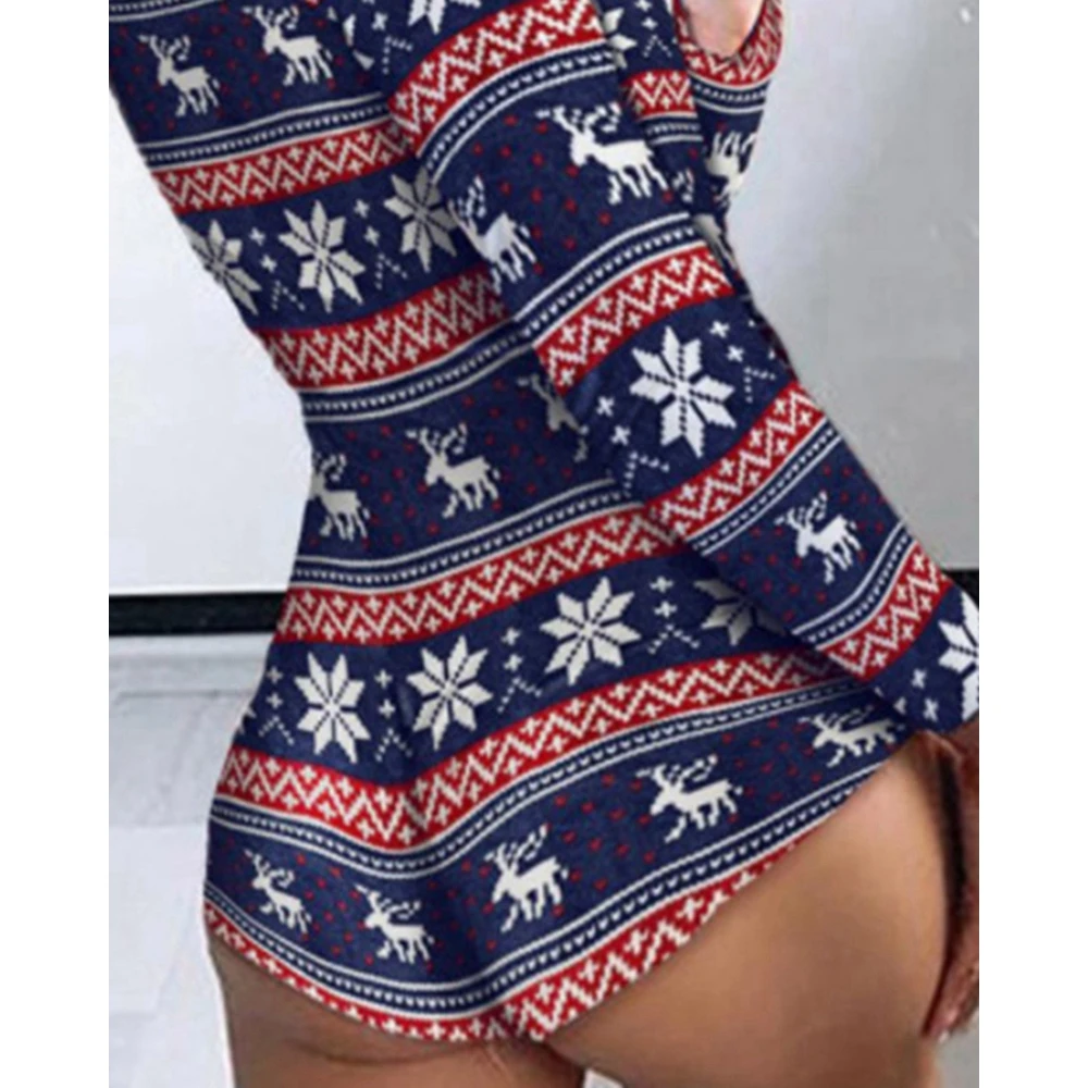 Pakaian wanita pinggang tinggi kerah V motif Pohon Natal Bodysuit modis seksi Femme Jumpsuit Romper Playsuit seksi 2023