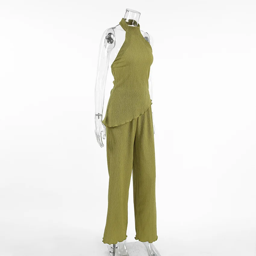 Moda francesa verde plissado terno 2025 primavera e verão pescoço superior calças de perna larga conjunto de duas peças roupas femininas commuter