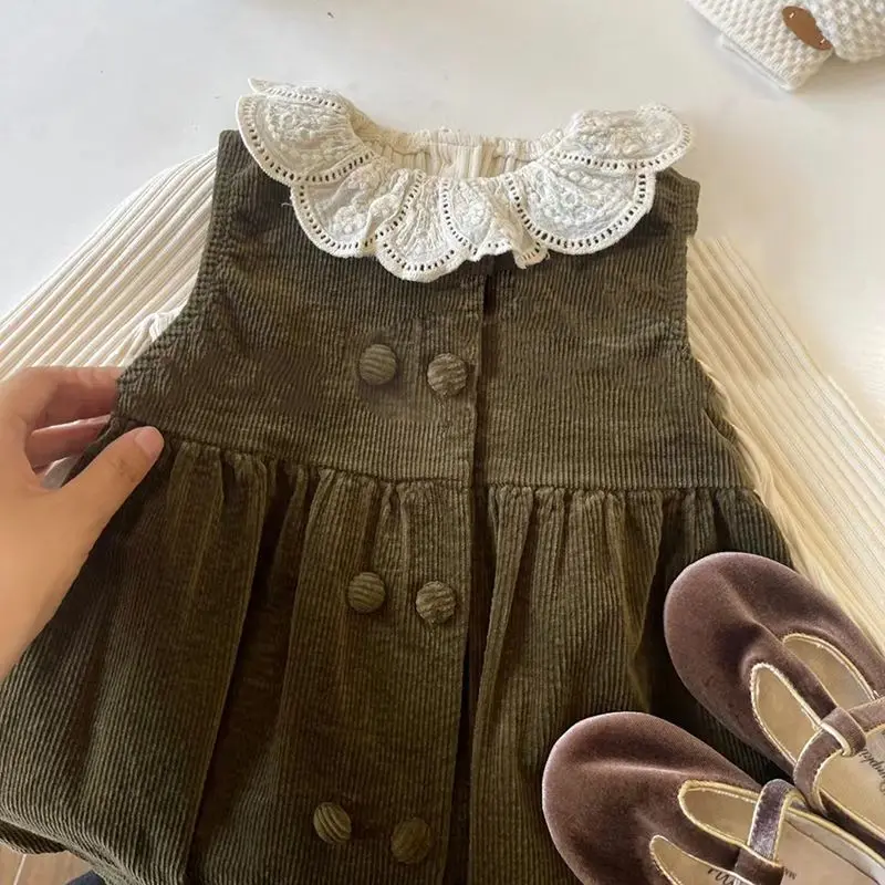 Girl Dress Autumn New Western Style Double Breasted Corduroy Sleepveless Vest Casual Comfortable