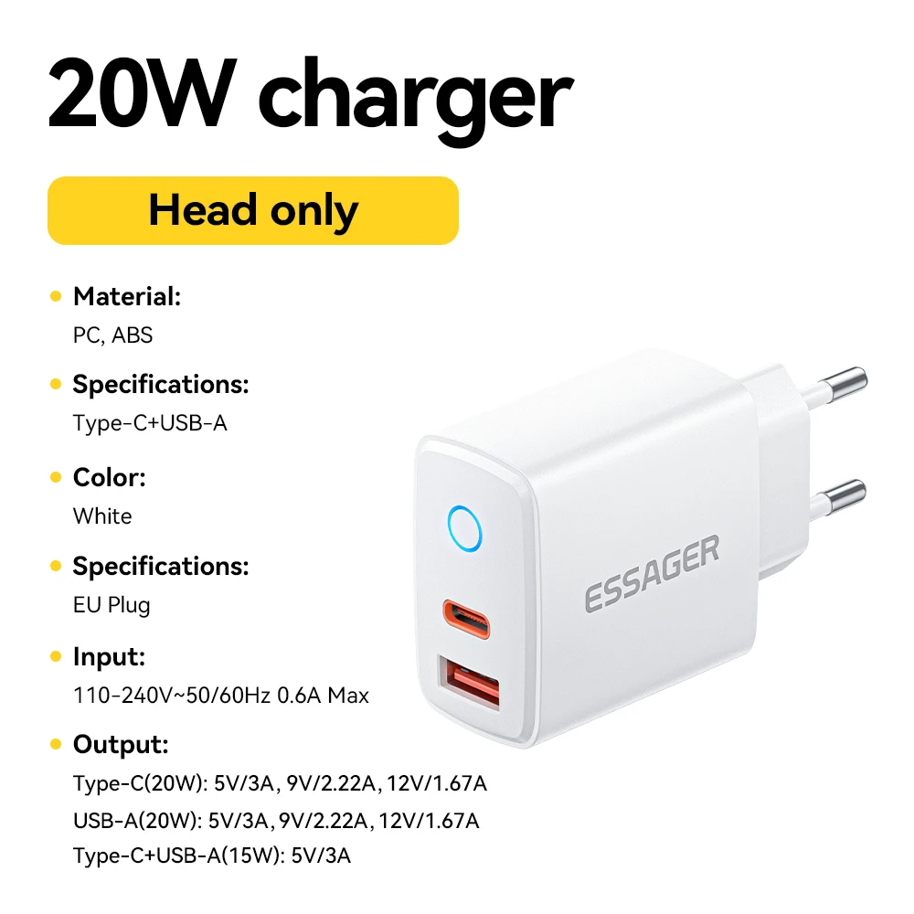 Essager PD 20W USB-C-Ladegerät-Set, schnelles Laden 4.0 3.0 QC PD Ladegerät für iPhone 17 16 15 14 13 12 Pro Max Handy-Ladegerät