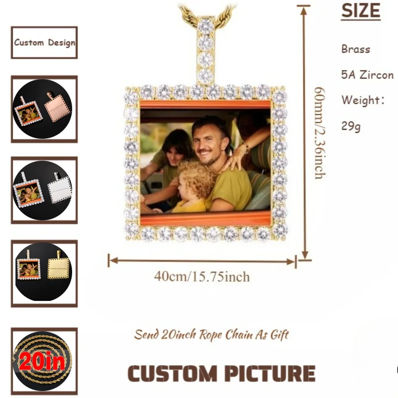 Customized Necklaces Circle Chain Picture Personalized Brass Zircon Memory Pendant with Photo Square Design Gift for Men Women view 5