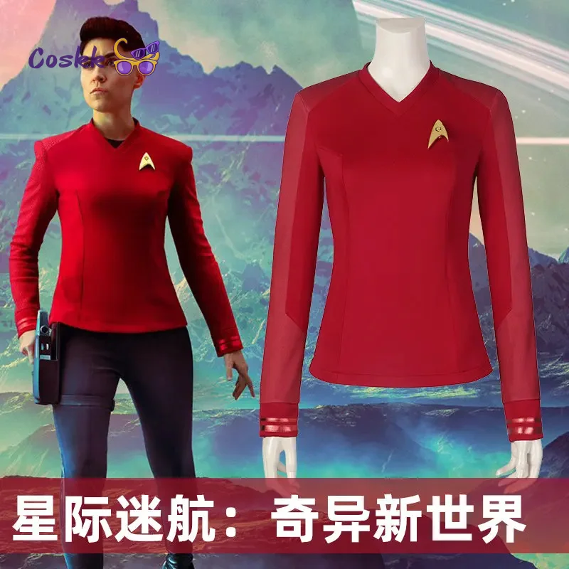 

Strange New Worlds Noonien Singh Cosplay Erica Ortegas Costume Female Member Top Heroine Red Uniform Suit with Badge Top