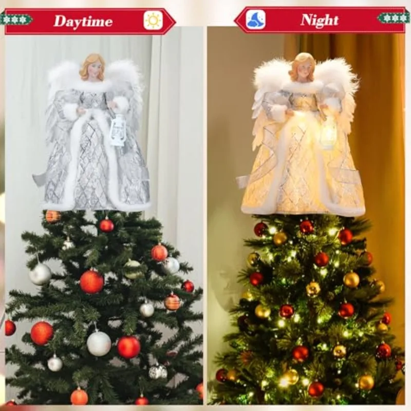 ของตกแต่งต้นคริสต์มาสอะคริลิคสองด้านรูปนางฟ้าพร้อมไฟประดับ ของประดับตกแต่งคริสต์มาส นางฟ้าปีกใหญ่สีขาว