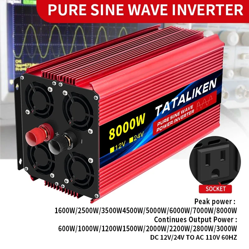 4000W 5000W 6000W Power 12V/24V to AC 110V 60HZ Pure Sine Wave Inverter Car Power  Voltage Portable Converter with LED