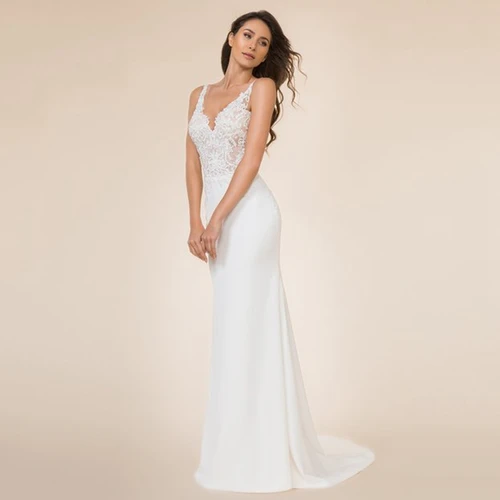 Vestido de novia blanco elegante con apliques, cuello en V, tirantes finos, espalda descubierta, largo hasta el suelo, vestidos de novia de verano personalizados
