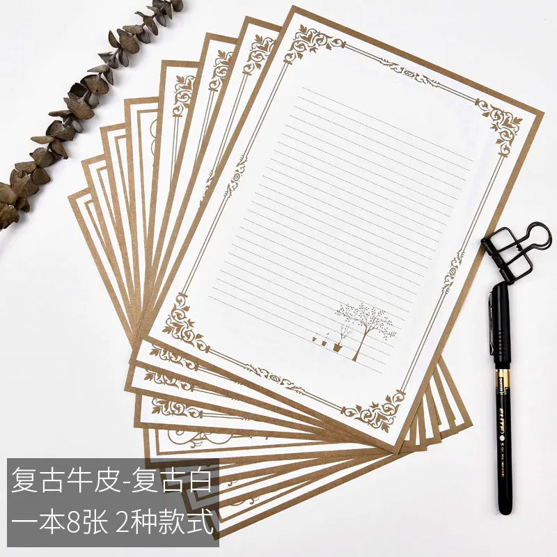 8 buah/tas Vintage Kraft klasik letterhead halus renda gaya China letterhead sederhana hadiah surat cinta