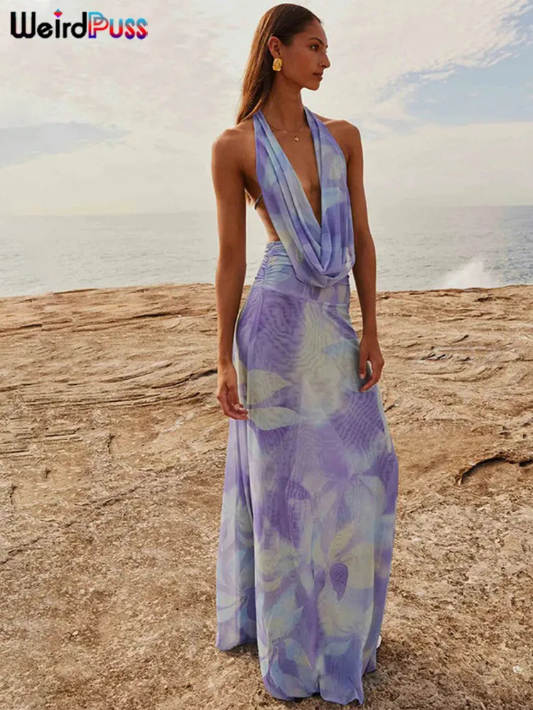 nibber Backless Halter 2Peice Set Woman Print Summer Swinging-Collar Bandage Tank Tops+Mesh Ruffles Tie-Dye Skirt Matching Suit