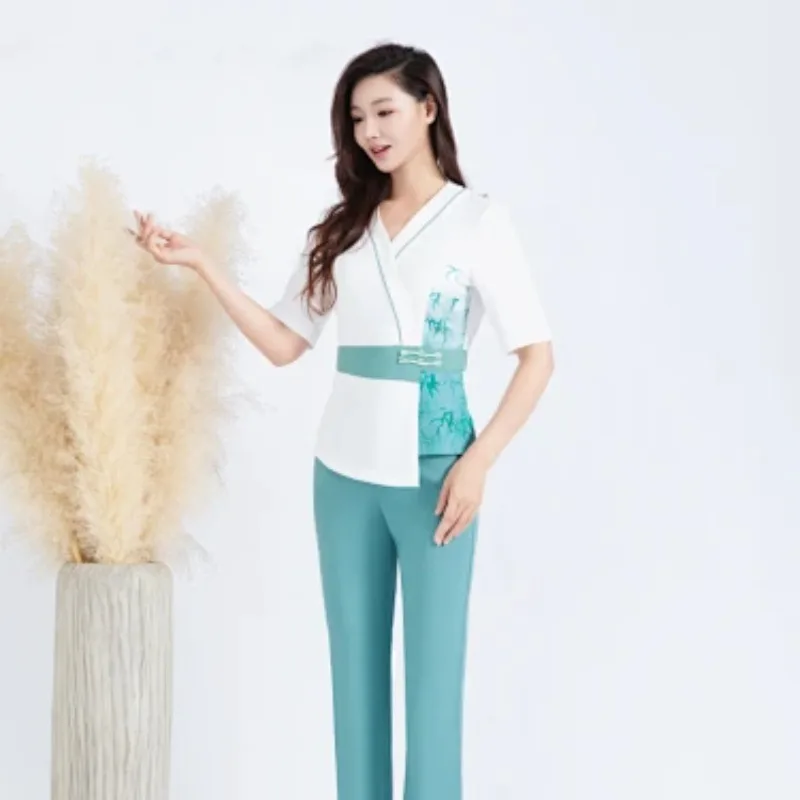 New Beauty Salon Workwear Health Center, Foot Bath Technician Uniform Women's Spa Slimming Belly Covering Set With Print Logo