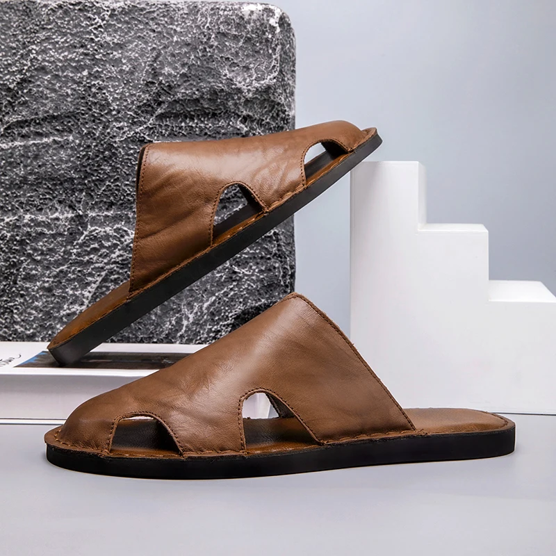 Genuine Leather Men's Sandals Beach Shoes Slippers High Quality Non-slip Men Casual Breathable Summer Footwear Mens Outdoor Shoe