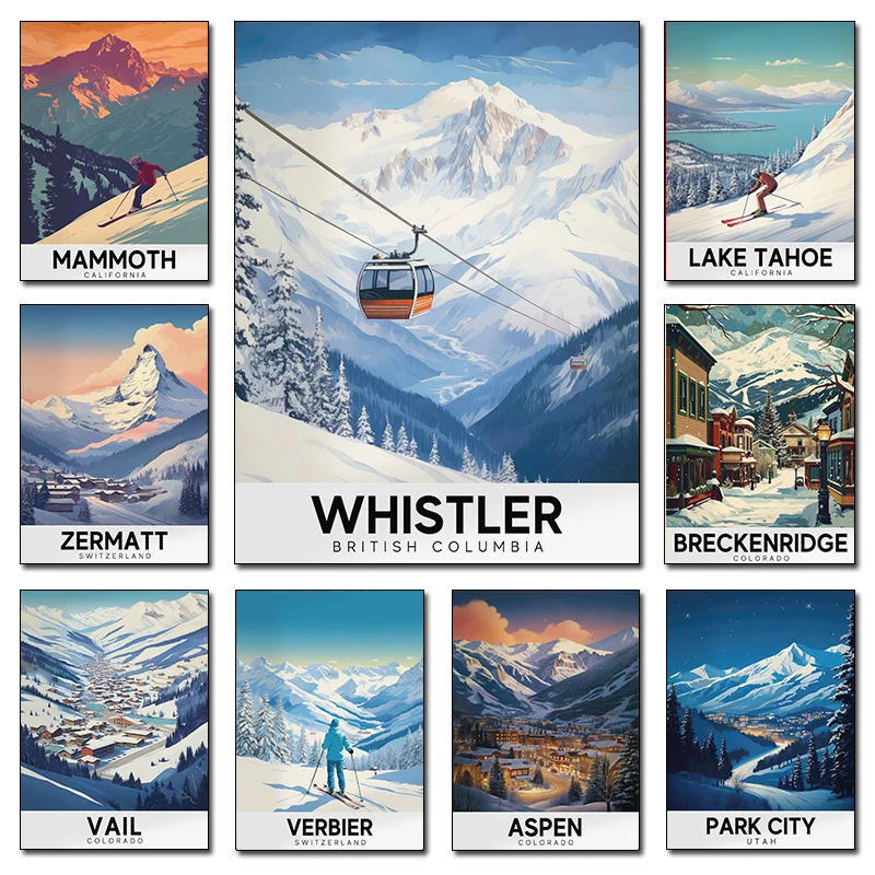 1pc frameless Canvas Painting Lake Tahoe Zermatt Vail Mammoth Mountain Ski Resort Travel Posters and Prints Canvas Printing Wall