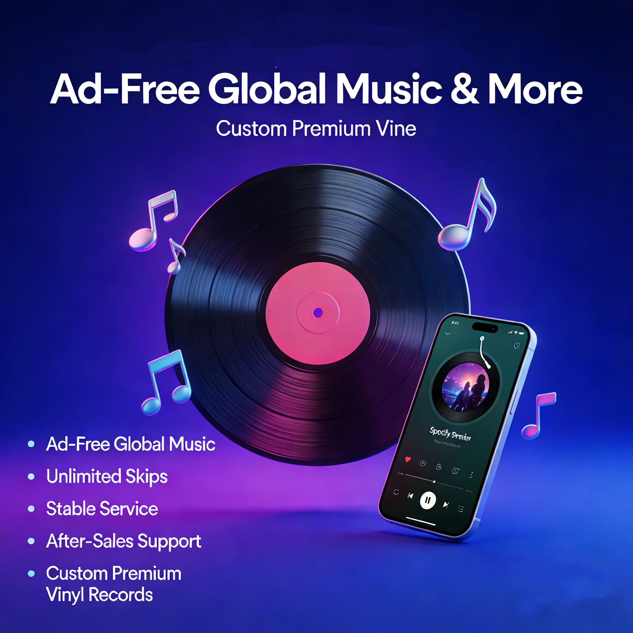 Spotify: музыка без рекламы по всему миру, неограниченное количество пропусков, стабильное обслуживание, послепродажная поддержка, индивидуальные премиальные виниловые пластинки.