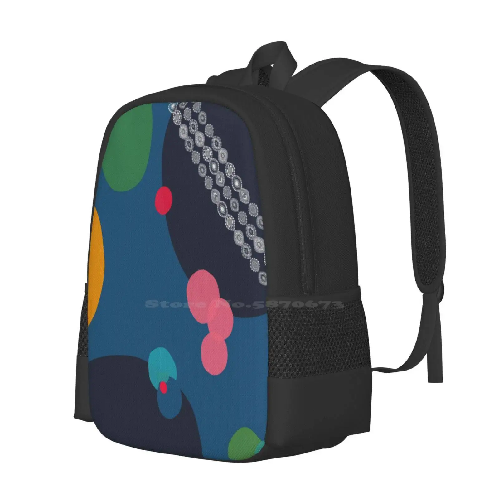 Mochila de viagem com padrão de forma abstrata, mochila escolar com design círculo, azul, verde, laranja, rosa, vermelho, azul marinho, azul marinho