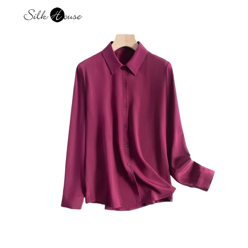 26MM Heavy 100% Natural Mulberry Silk Crepe De Chine Lapel Purple Red OL Style Versatile Commuter Long Sleeved Women\'s Shirt