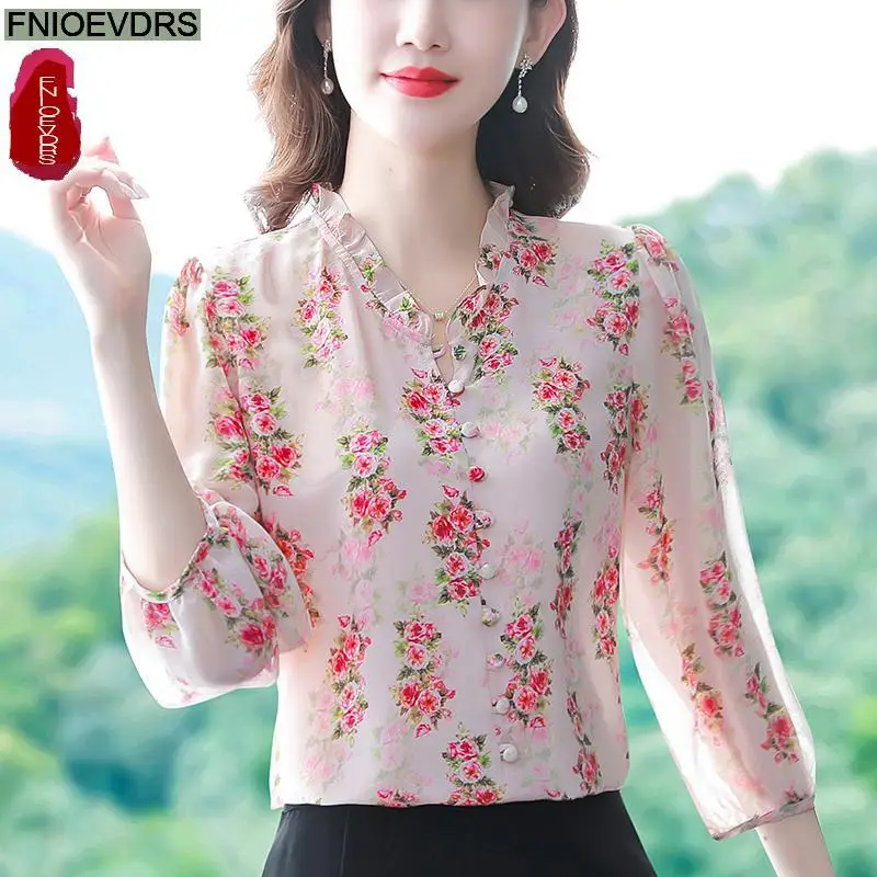 Tops vintage retrô floral feminino, camisa de botão elegante senhora do escritório, blusa solta casual, verão, M-3XL 2023