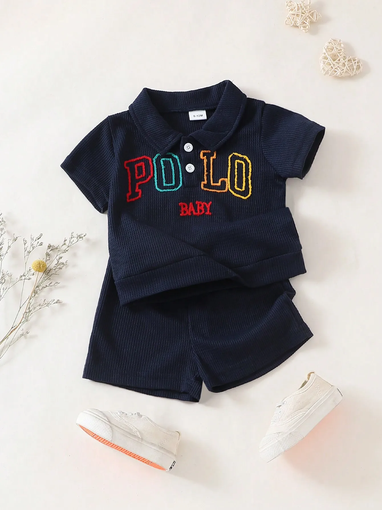 Baby Boys Two-Piece Set Embroidered Long-Sleeved Polos with Colorful Letters Waffle Shorts College-Style Spring Summer Outfit