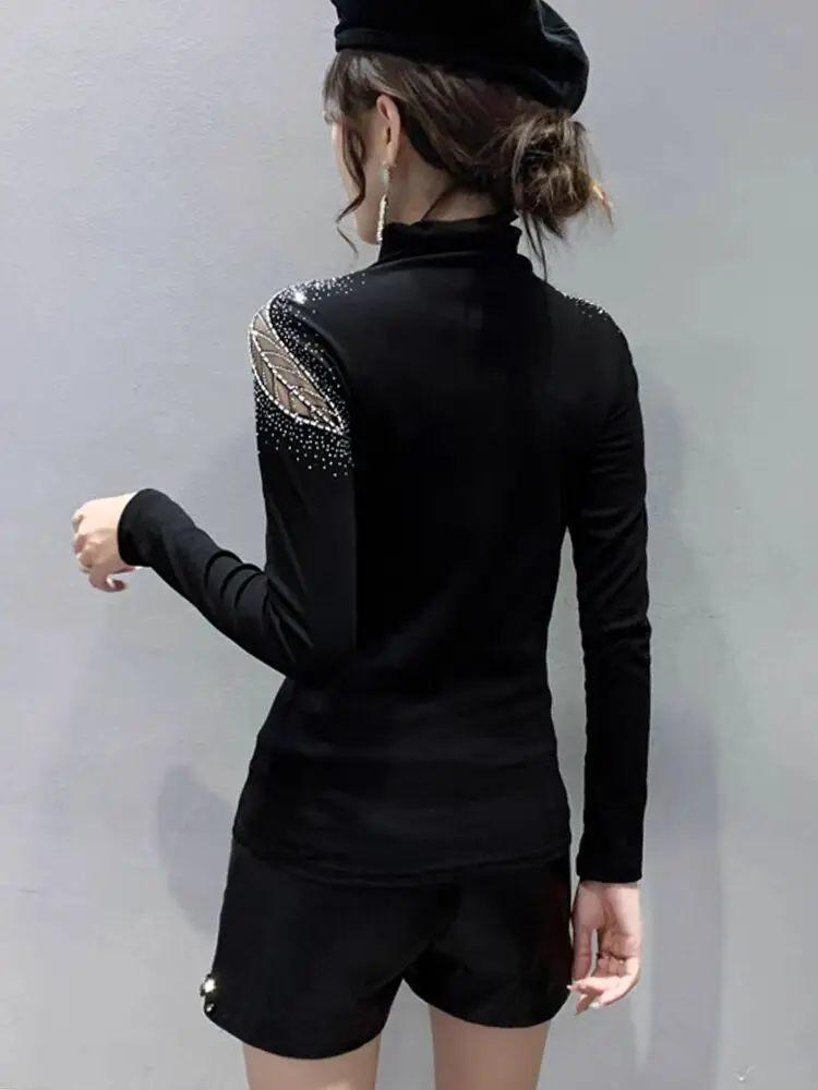 2024 New Arrival Diamond Set T-shirt Autumn Winter Woman M-3XL Long Sleeve Stand Collar High quality Cotton Velvet Hollow Out