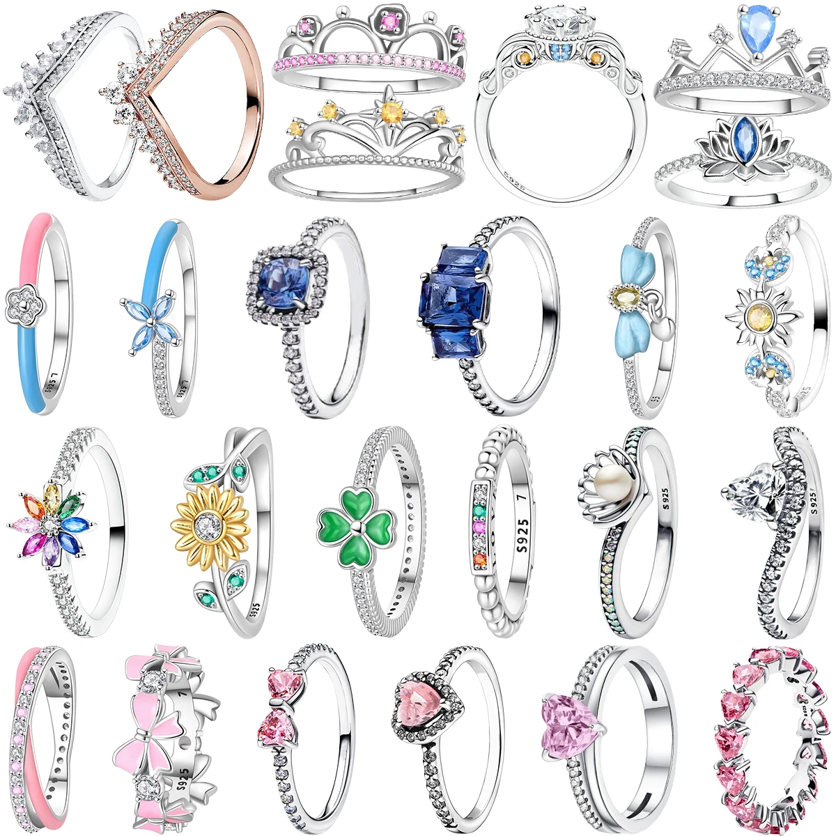 

Романтическое кольцо с короной принцессы, стерлинговое серебро 925 пробы, красочный бант, сердце, клевер, подсолнух, ювелирные изделия, подарки для женщин, День Святого Валентина