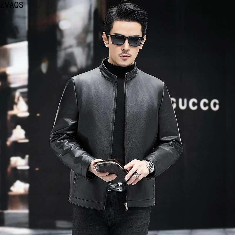 

ZVAQS Cowhide Autumn and Winter Men's Stand Up Collar Calf Leather Jacket Casual Business Fashion Men's Leather Jacket Kurtka