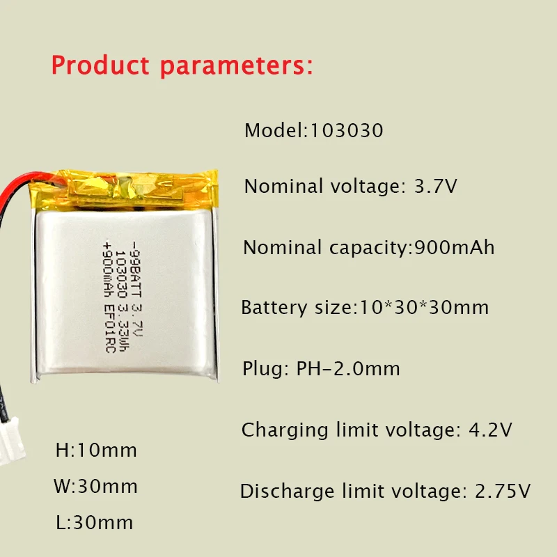 Lithium Polymer Battery 103030 3.7V 900mAh Rechargeable Replacement Cell For Bluetooth Headset Speaker GPS LED Light