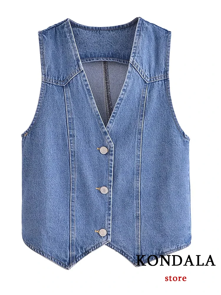 KONDALA Vintage Blue Denim Vest Jackets Women V Neck Single Buttons Sleeveless Jackets Fashion 2023 Summer Streetwear Vest Tops