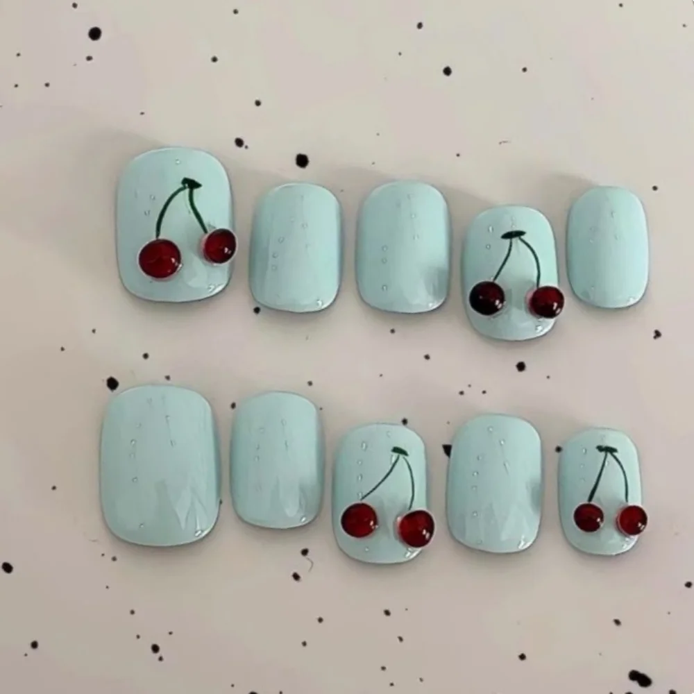 

10pcs Simple False Nail Art Cyan Short Square Round Handmade Nails Tips with Cherry Design Datachable Press on Fake Nails Sets