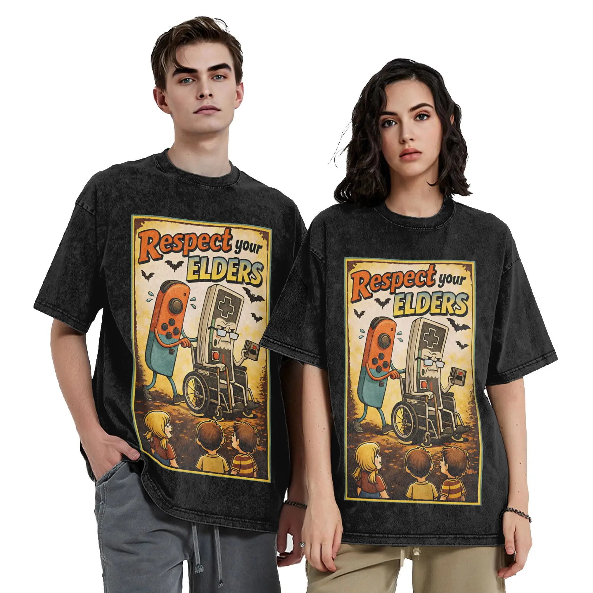 Respect Your Elders Retro Gaming  Vintage Washed T Shirt Cotton Tops Shirts Vintage Funny Gamer  O-neck Short Sleeve