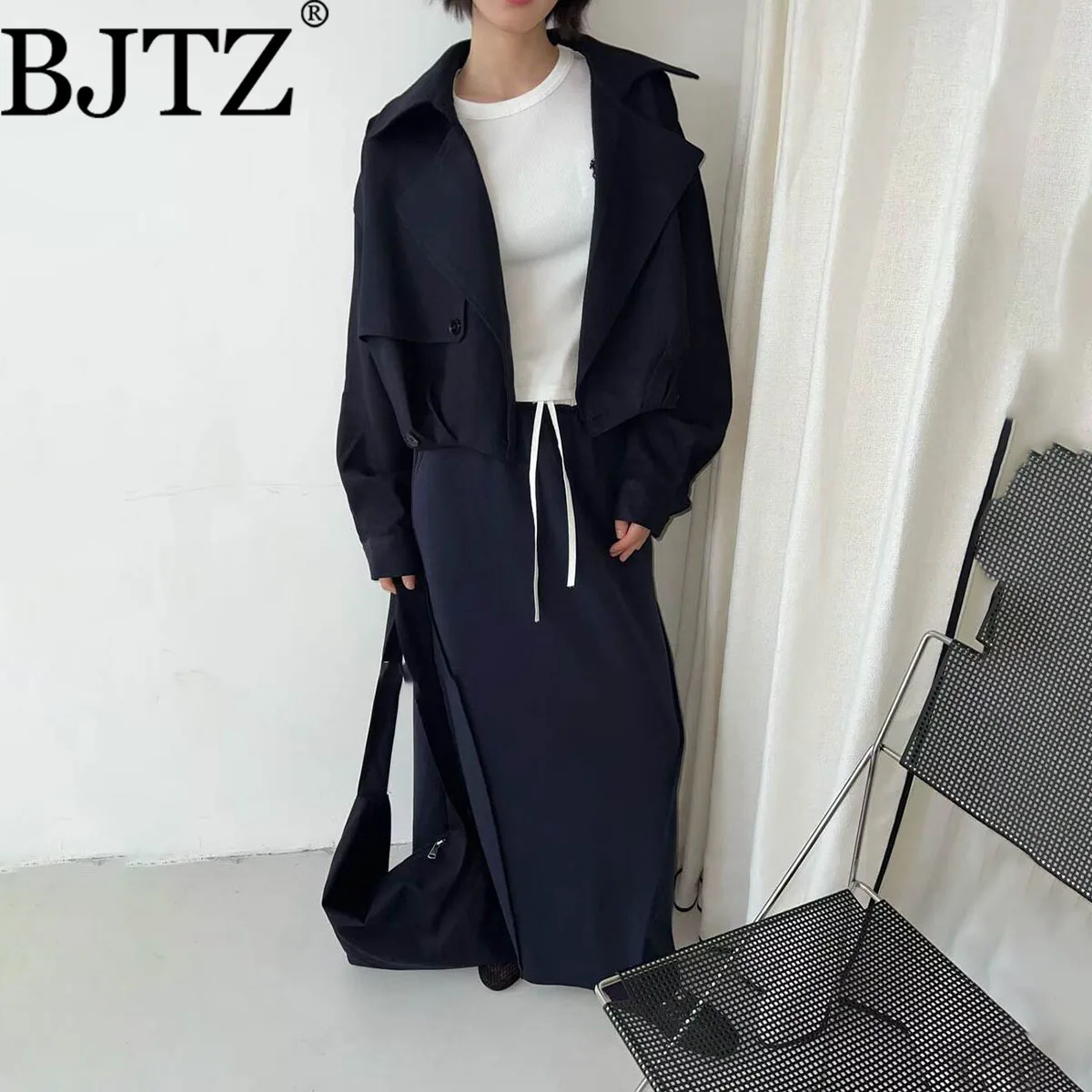 

BJTZ Casual Elegant Fashion Wrinkle And Tuck The Waist Lapel Jacket For Woman 2025 Spring Autumn New Trend High Waist Skirt