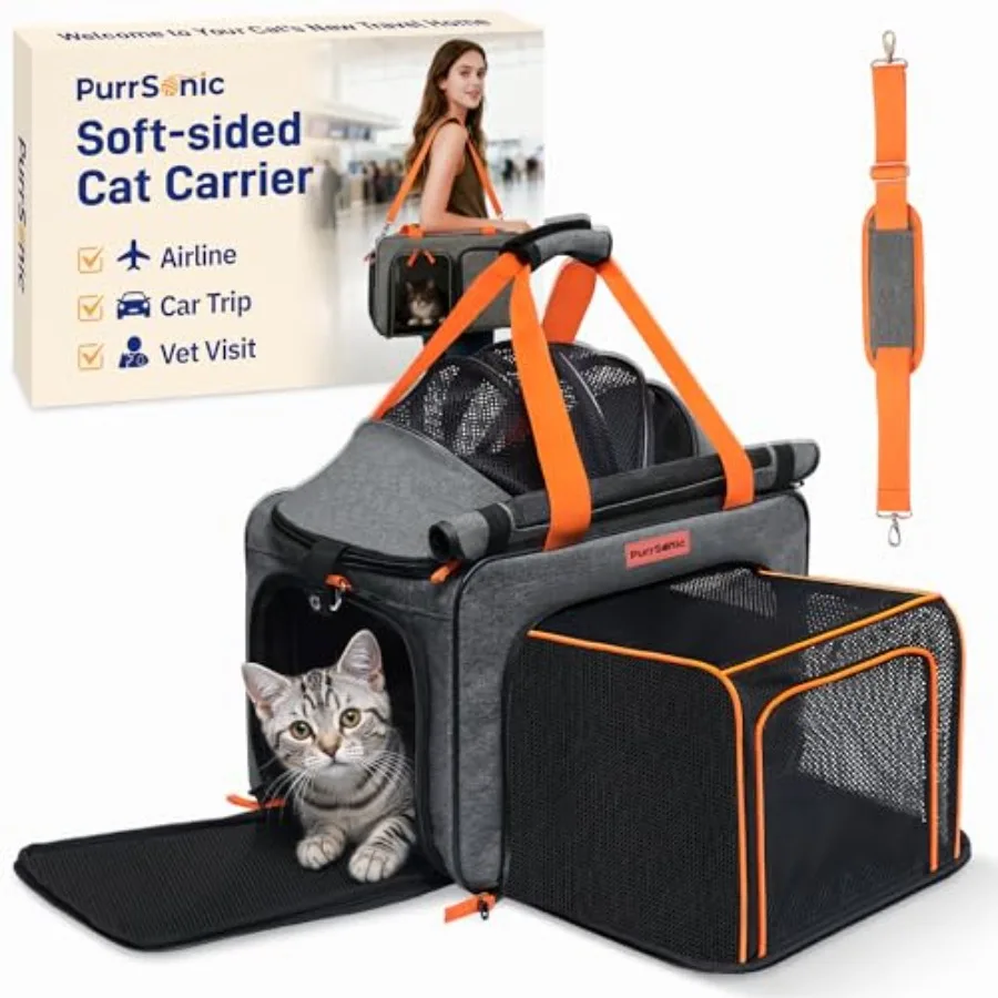 

17x11x11 Soft Sided Cat Pet Carrier Expandable Airline Car Travel Kitten Bag with Breathable Ventilation Mesh Anti-Scratch Fabr