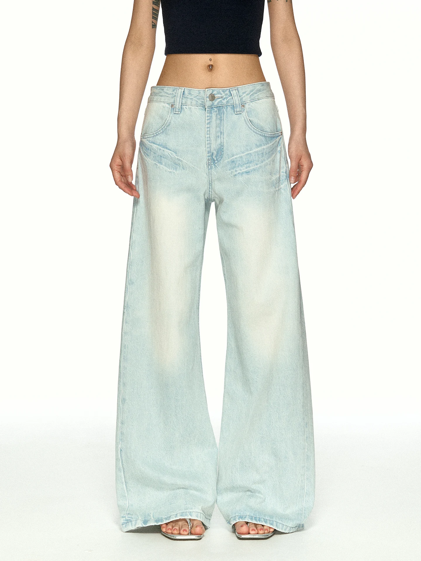 Aaisup American Washed Blue Wide Leg Jeans Women Summer Loose Straight Slimming Floor-Length Pants Casual Straight Leg Jeans